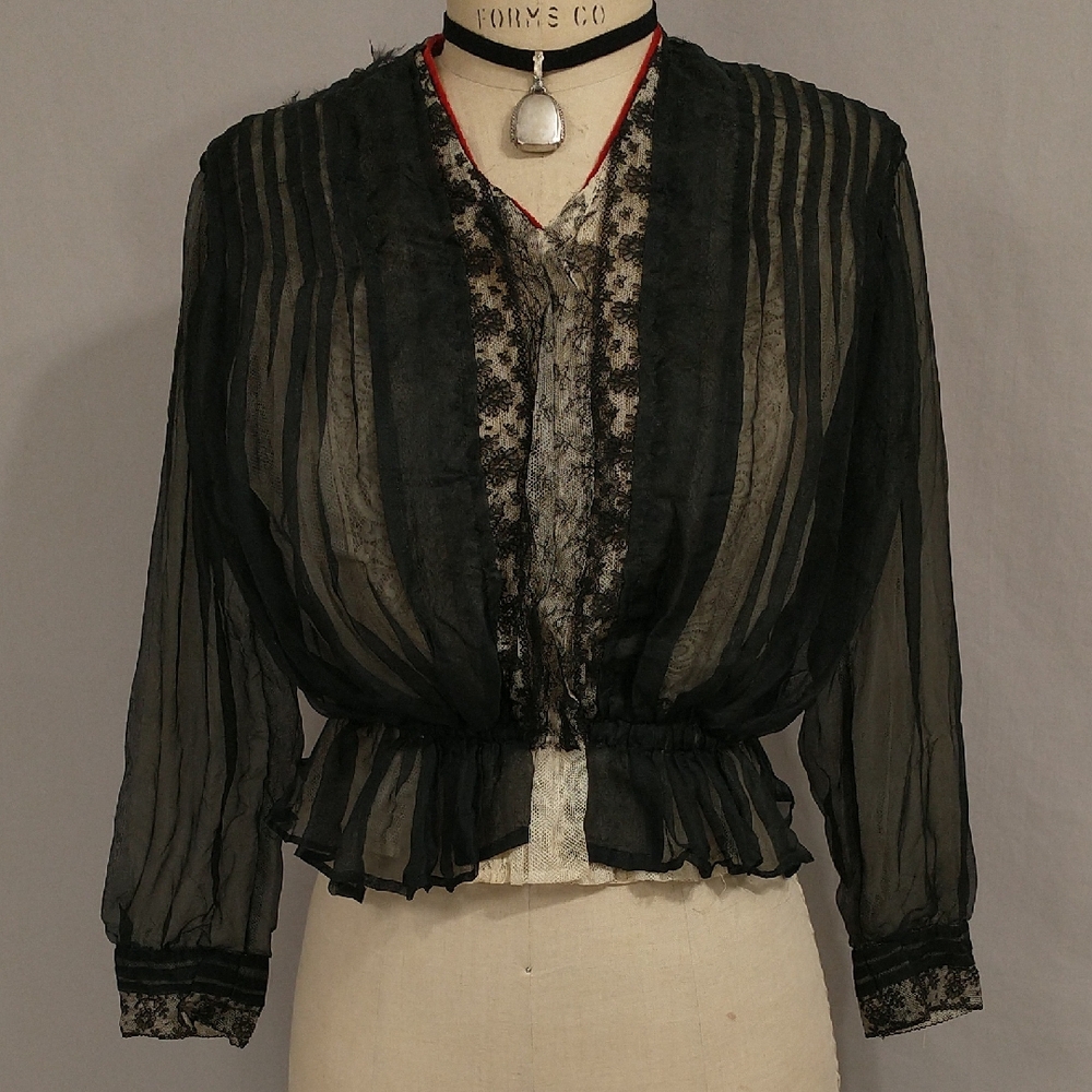 Antique Vintage Blouse Black Sheer Over Ecru Lace Bodice Top Vintage Some Damage